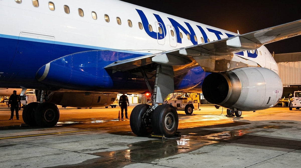 United Airlines Airbus A320 main landing gear on a wet night apron
