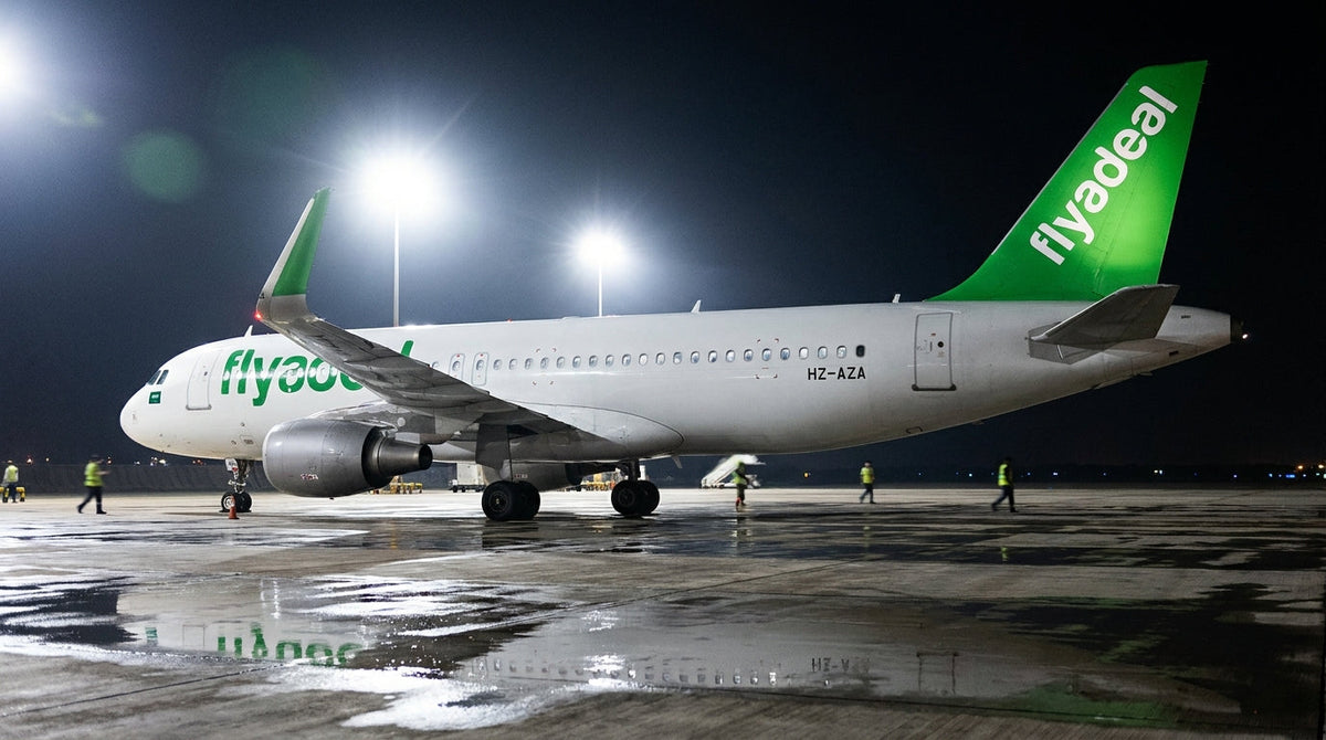 flyadeal Airbus A320 on a floodlit wet night apron