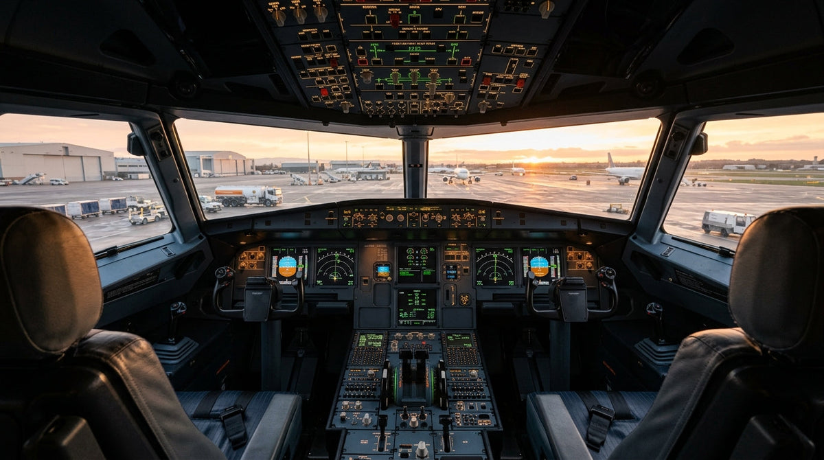 Airliner glass cockpit flight deck at sunrise β ATP certificate airline pilot
