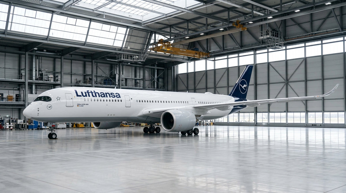 Lufthansa Airbus A350 in a maintenance hangar representing Lufthansa Technik's new Clark MRO facility