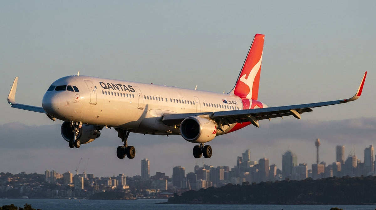 Qantas Airbus A321 on final approach at dusk with a distant city skyline