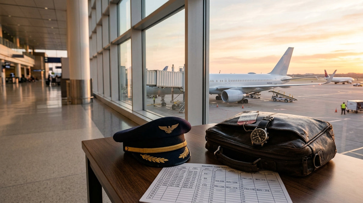 Pilot cap, flight bag, watch and a printed monthly crew schedule on a table with an airliner at the gate at sunrise