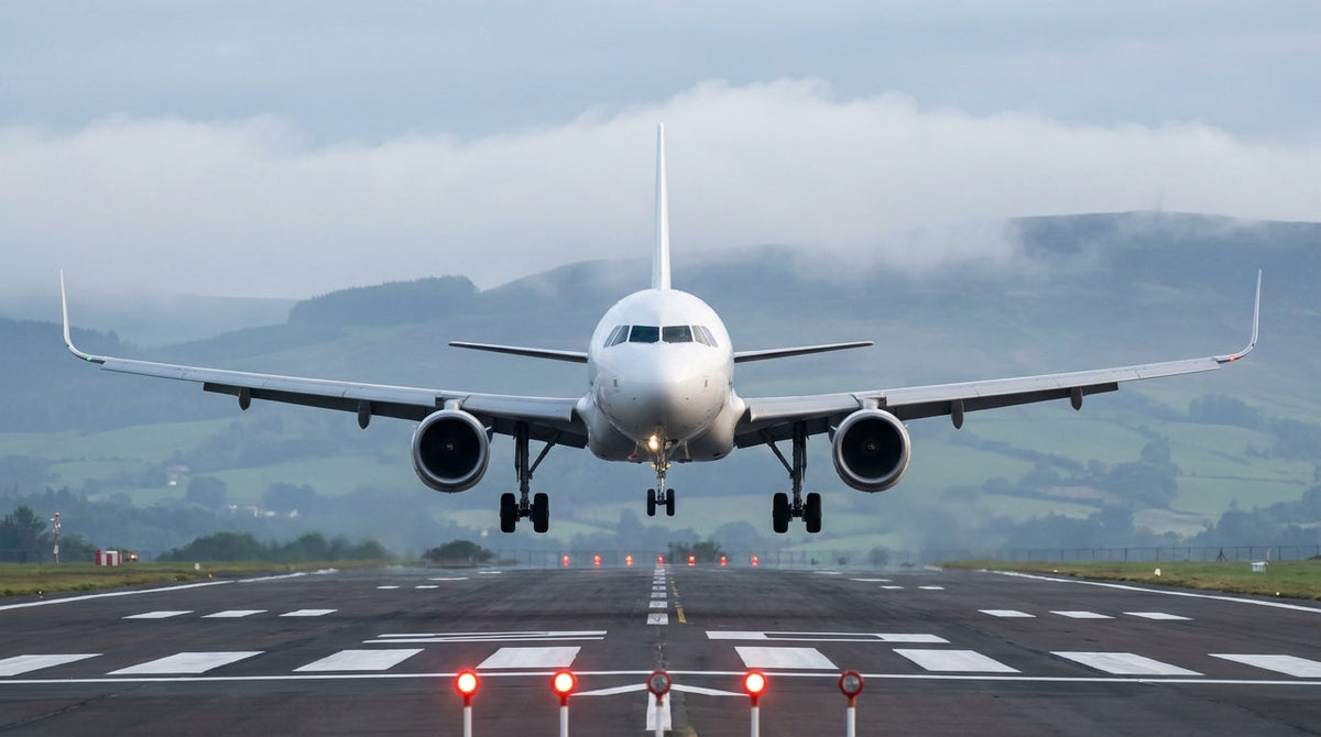 Plain white leased Airbus A320 on final approach over a runway threshold with green hills behind