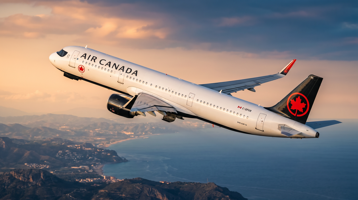 Air Canada Airbus A321XLR climbing over the Mediterranean coast