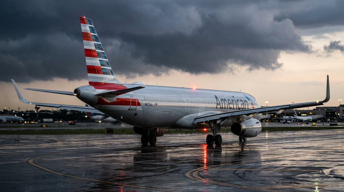 American Airlines Airbus A321 on a rain-soaked taxiway at dusk with distant storm clouds