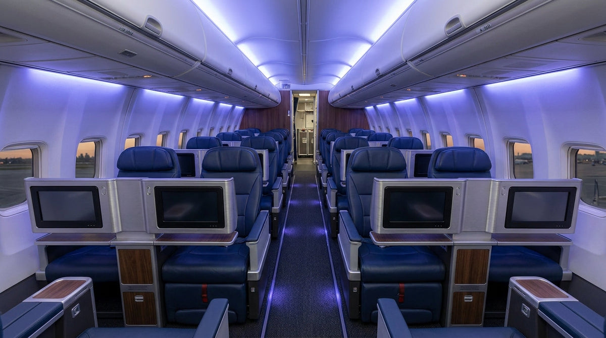 Domestic first class cabin of a narrowbody airliner with navy recliner seats and ambient lighting