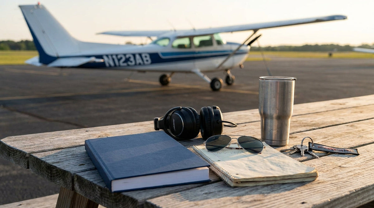 Student pilot flight training kit on a table with a Cessna 172 on the apron behind it