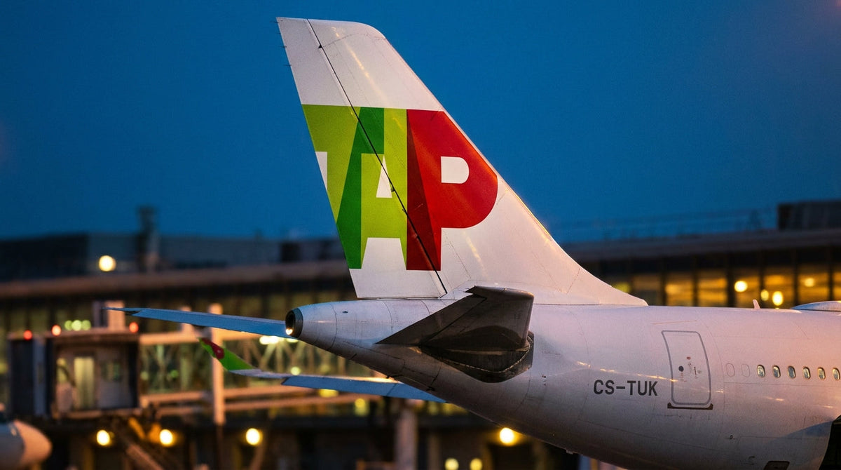TAP Air Portugal Airbus A330-900neo tail fin at the gate at dusk