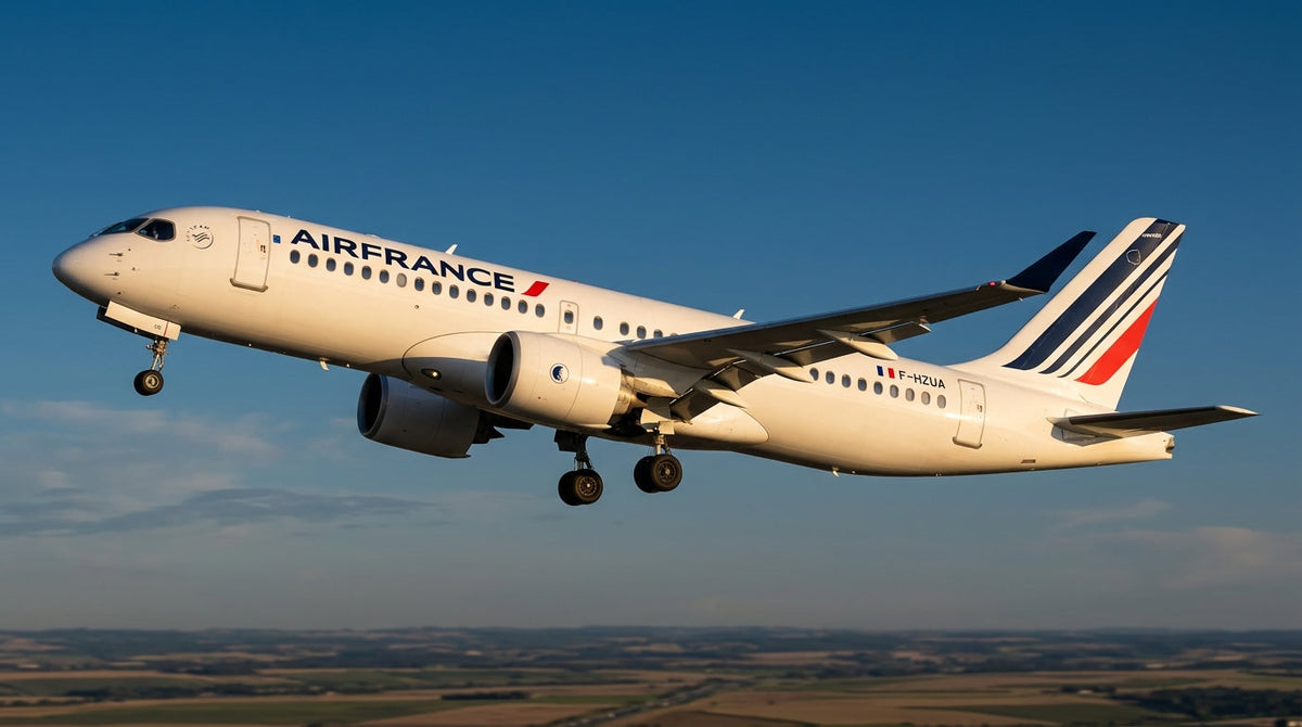 Air France Airbus A220 climbing at golden hour
