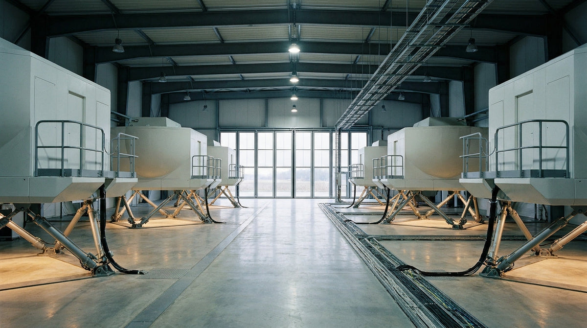 Full-motion flight simulator hall with simulator pods on hydraulic actuator legs