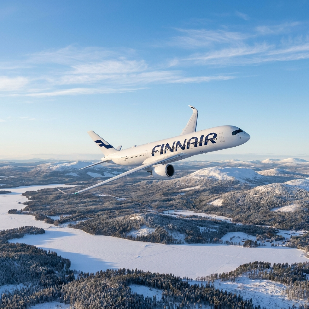 Finnair Airbus A350 flying over Nordic landscape