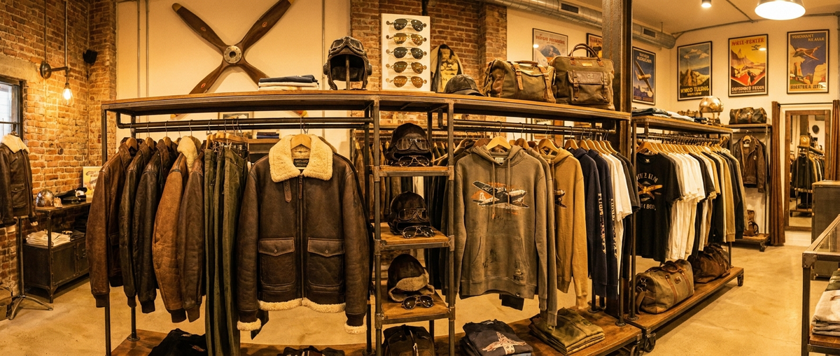 Stylish aviation-themed clothing displayed on a rack including bomber jackets, hoodies with airplane graphics, and aviator sunglasses