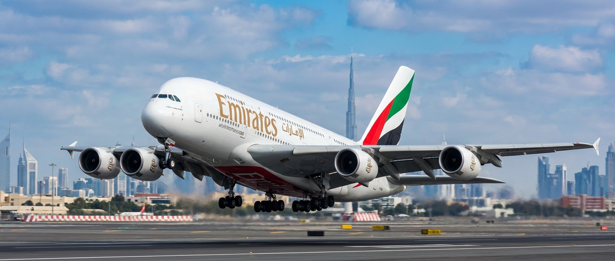 Emirates Airbus A380 taking off from Dubai International Airport