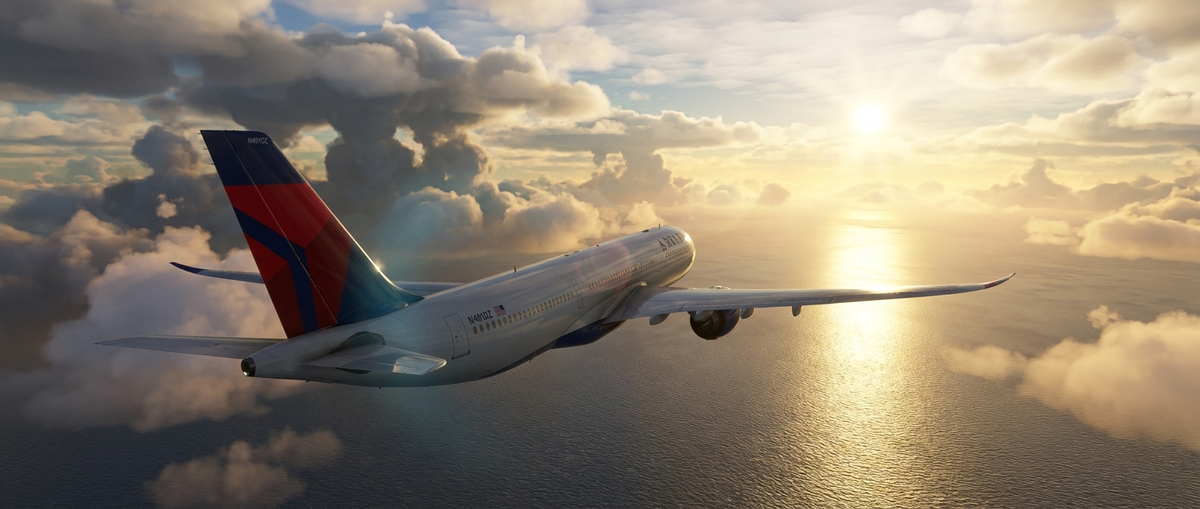 Delta Air Lines aircraft flying over the Atlantic Ocean at sunrise