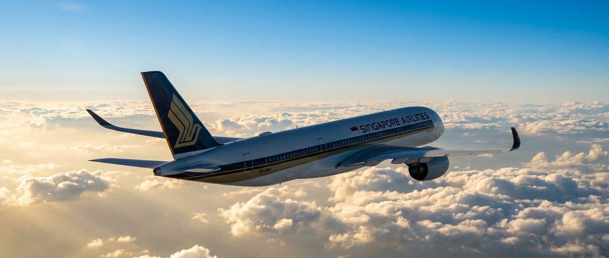 Singapore Airlines Airbus A350 in flight above clouds with golden sunlight