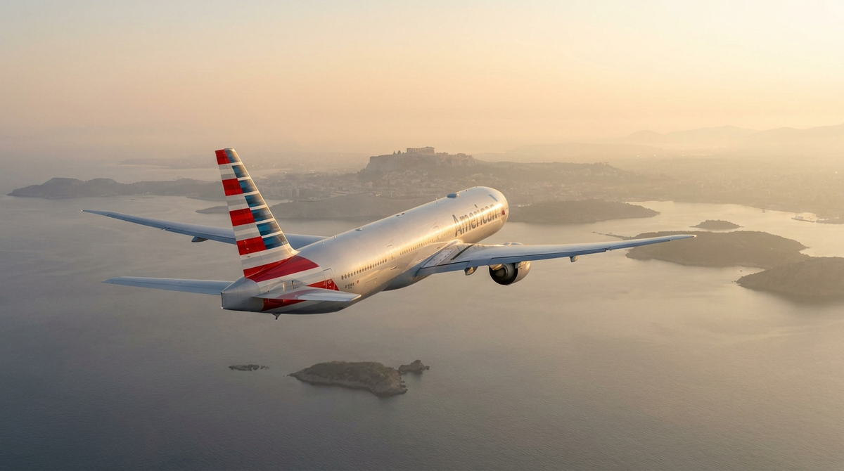 American Airlines Boeing 777-300ER on approach to Athens