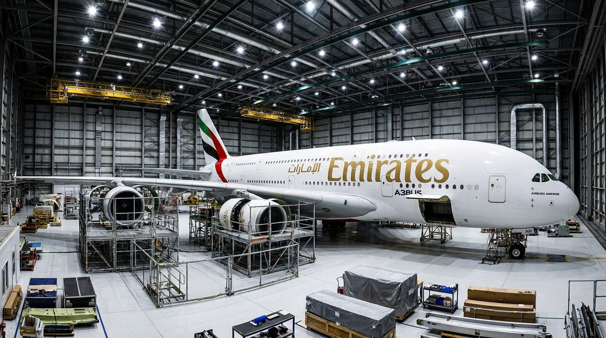Emirates Airbus A380 in maintenance hangar undergoing cabin retrofit