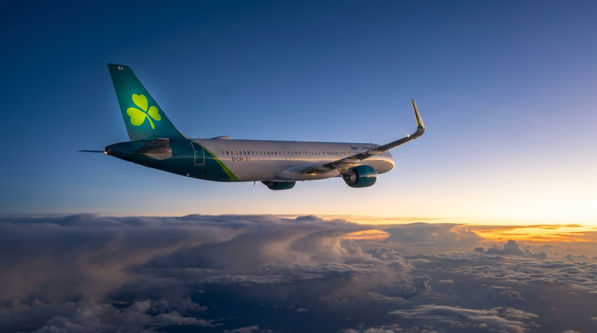 Aer Lingus Airbus A321neo LR climbing into the transatlantic dawn sky