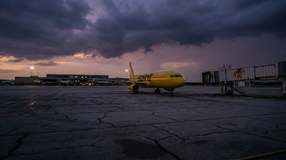 Spirit Airlines Airbus A321 parked at a dim airport tarmac at dusk
