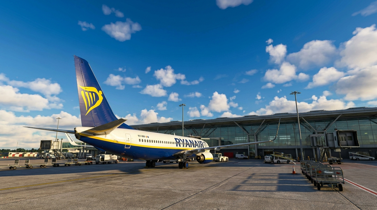 Ryanair Boeing 737-800 in blue and yellow livery at London Stansted Airport