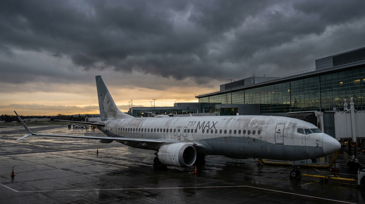 Boeing 737 MAX 8 aircraft parked at airport gate during dramatic overcast dusk with stormy gray sky