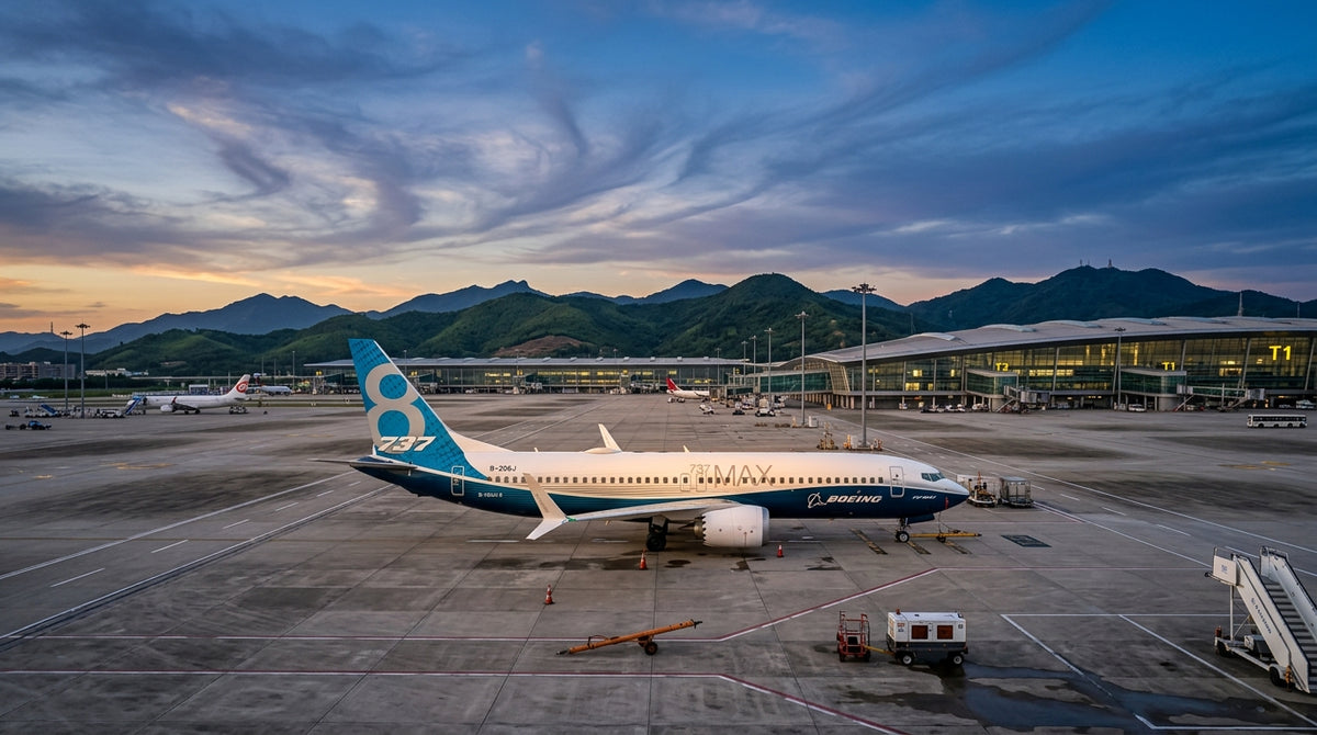 Boeing 737 MAX 8 in standard factory livery parked at a modern Chinese airport at golden hour