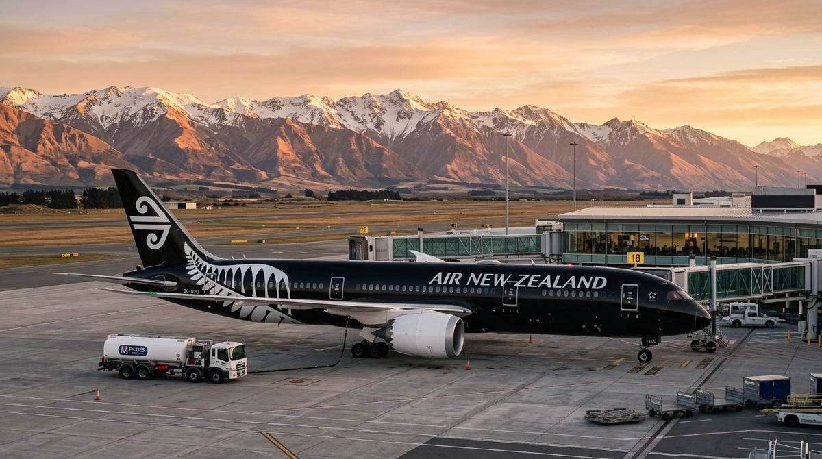 Air New Zealand Boeing 787-9 at Christchurch Airport with Southern Alps