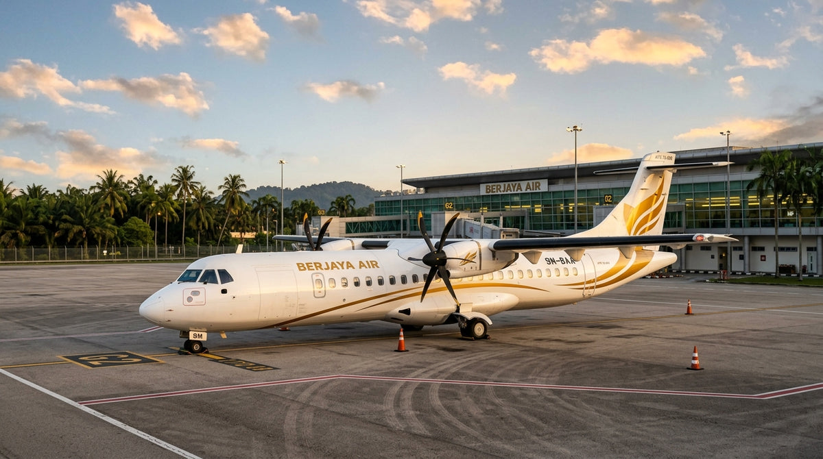 Berjaya Air ATR 72-600 turboprop with all-business class cabin parked at Subang Airport Malaysia at golden hour