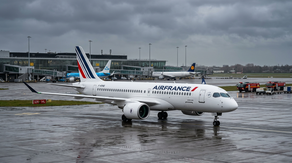 Air France Airbus A220-300 at Amsterdam Schiphol with emergency vehicles