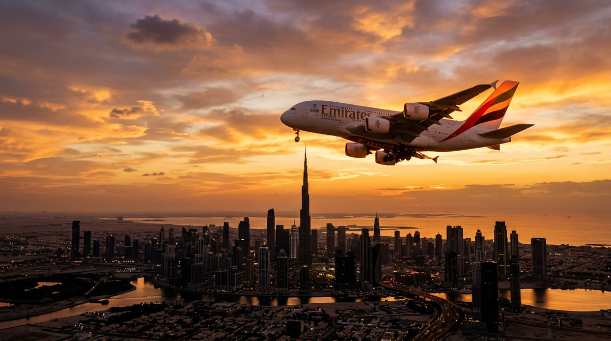 Emirates Airbus A380 over Dubai skyline at golden hour