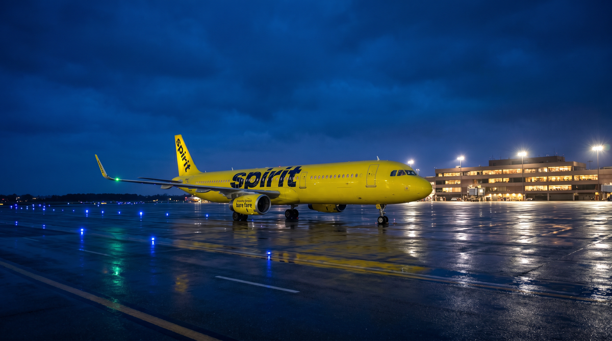 Spirit Airlines Airbus A321neo on the tarmac at night