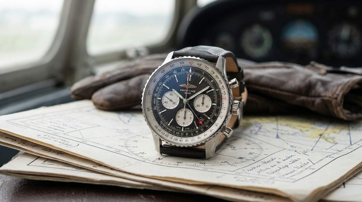 Pilot wristwatch with slide-rule bezel, chronograph subdials and GMT hand on aviation charts