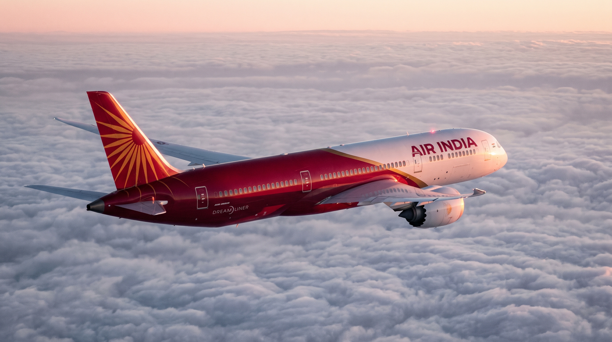Air India Boeing 787-9 Dreamliner cruising above the clouds at sunrise