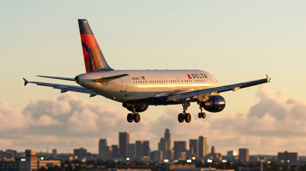 Delta Air Lines Airbus A319 on final approach at golden hour