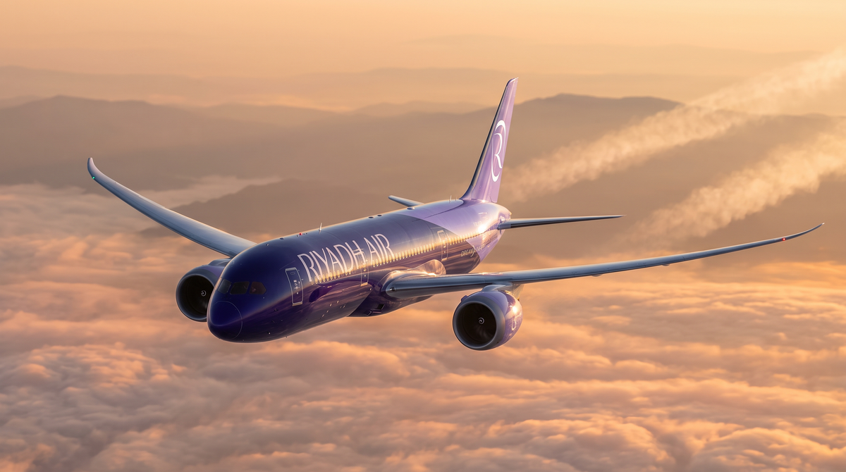 Riyadh Air Boeing 787-9 banking above clouds at sunrise