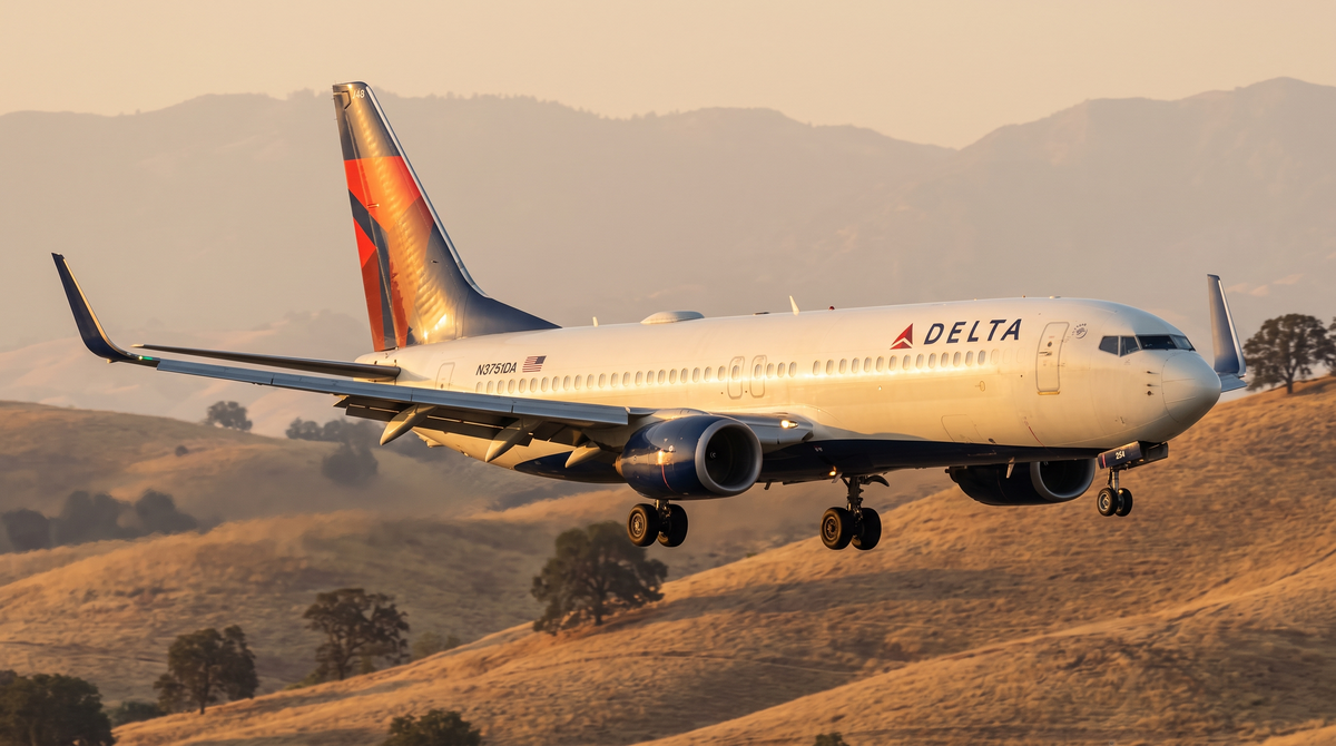 Delta Air Lines Boeing 737-800 on final approach at golden hour