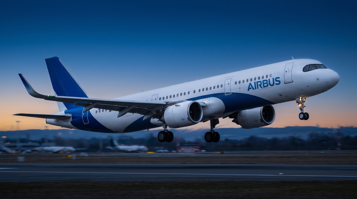 Airbus A321neo in house livery climbing at twilight
