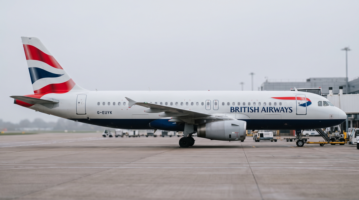British Airways Airbus A320 parked at the gate on an overcast morning