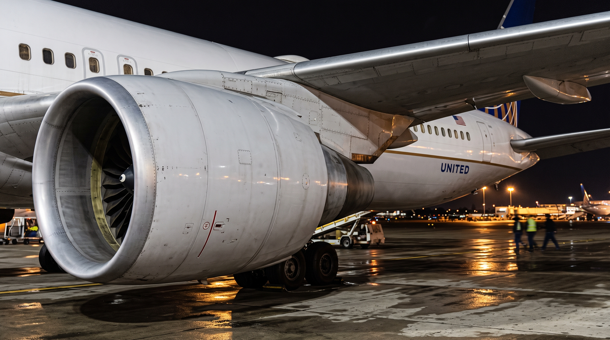 United Airlines Boeing 767 engine nacelle on a night apron