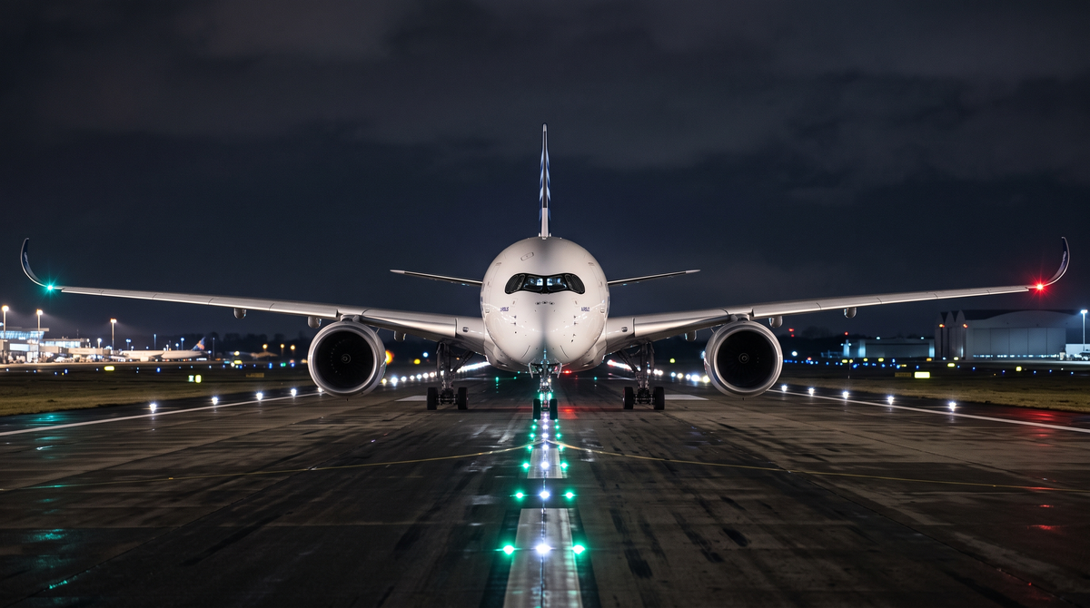 Airbus A350-1000 head-on on a night runway
