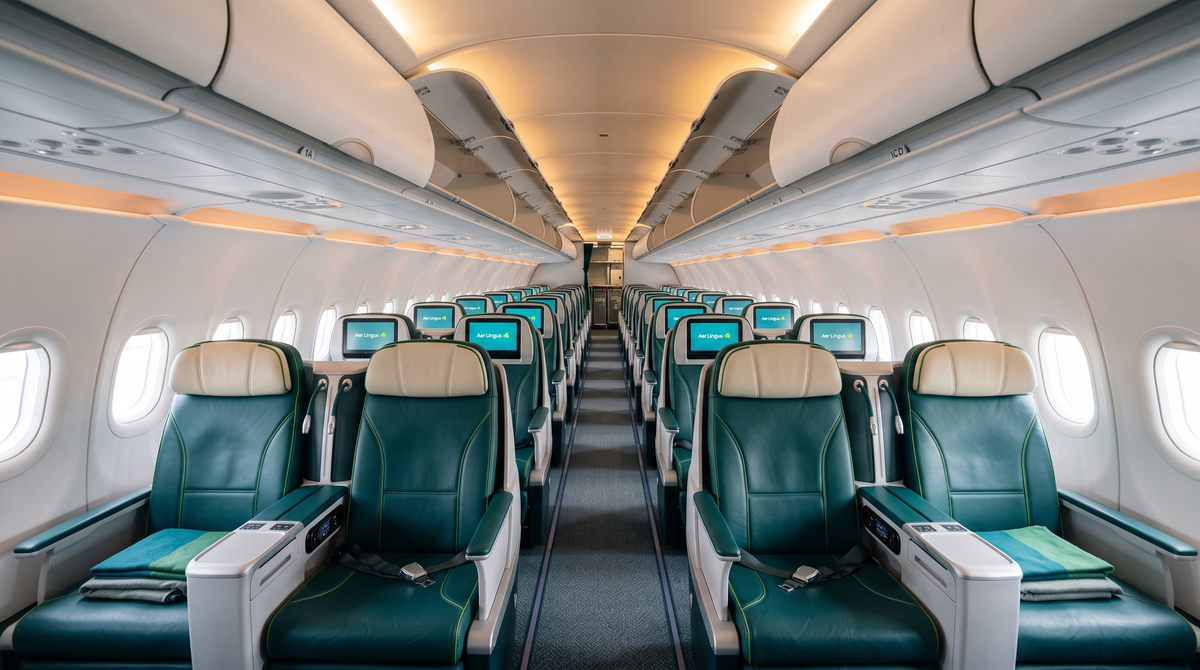 Aer Lingus Airbus A321LR business class cabin with lie-flat Thompson Vantage seats