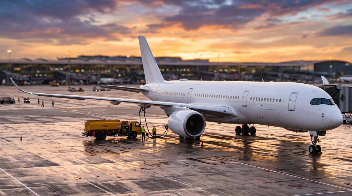 Widebody airliner being refuelled on a wet apron at sunset