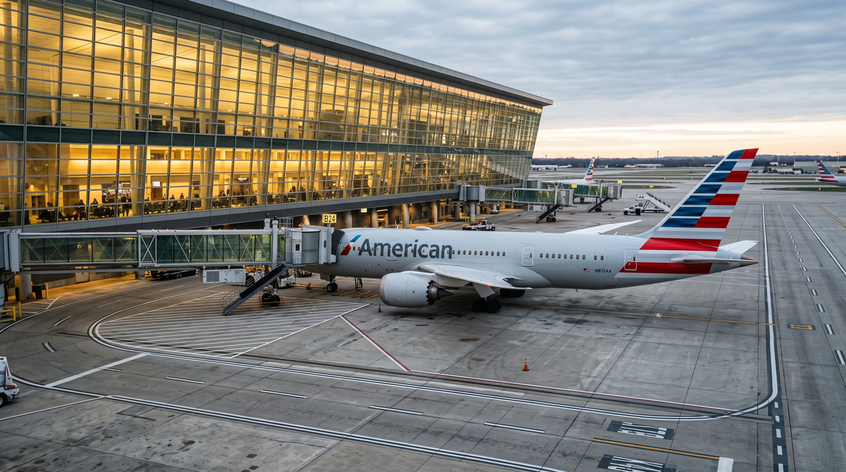 American Airlines Boeing 787-8 at the gate with jet bridge connected at dawn