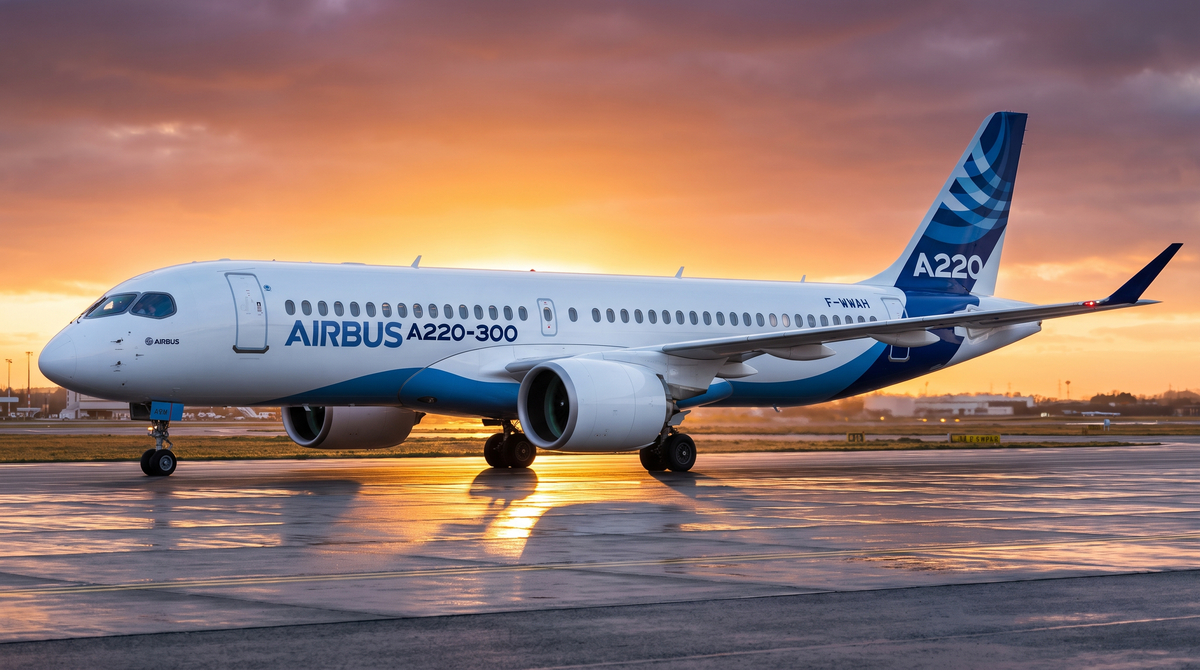 Airbus A220-300 in Airbus house livery taxiing at sunrise