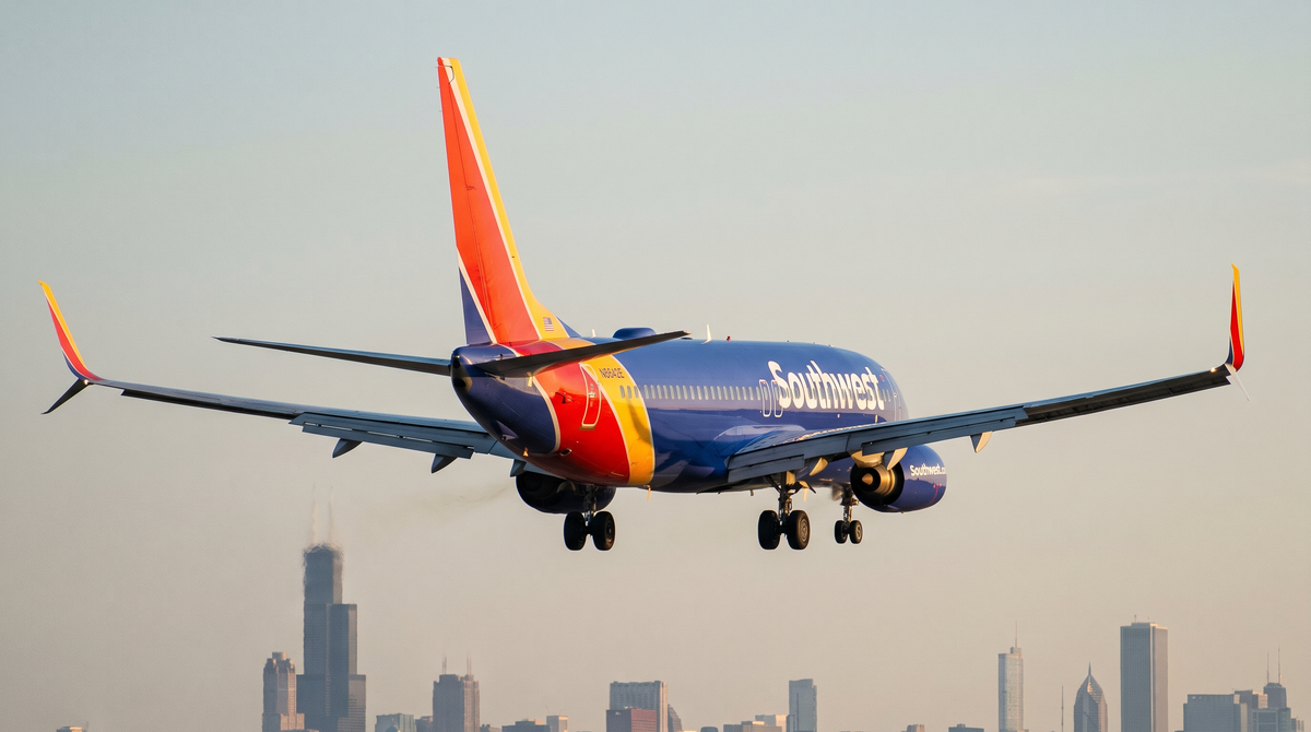 Southwest Airlines Boeing 737 on final approach with city skyline behind
