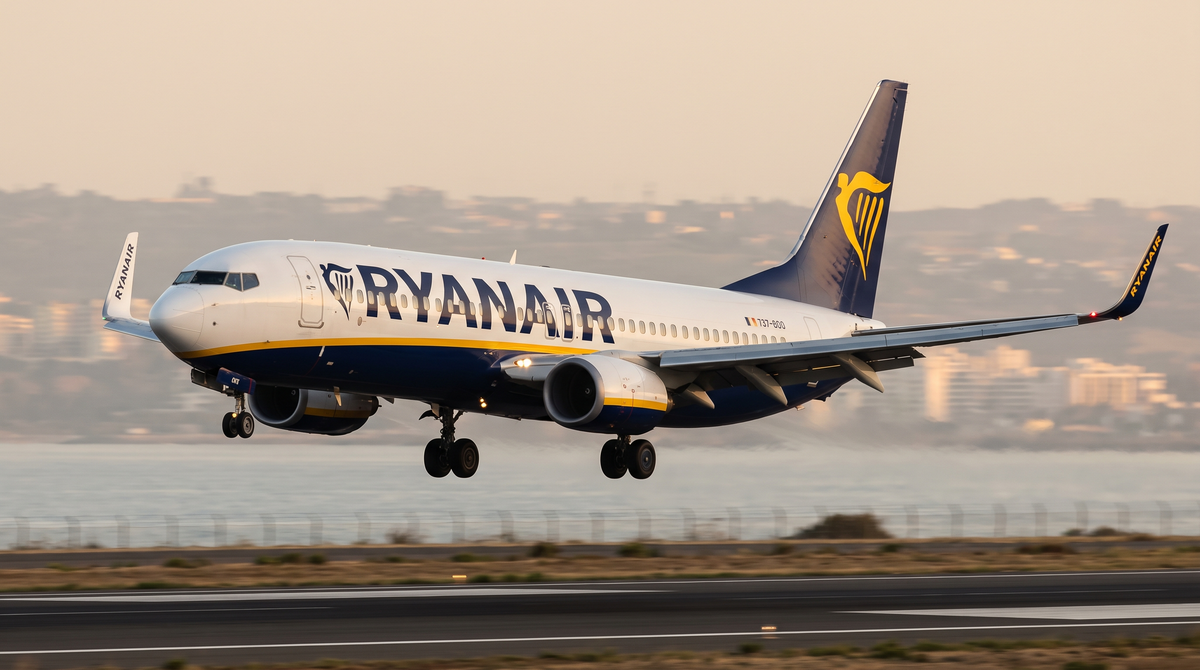 Ryanair Boeing 737-800 on final approach in flight at dusk, side profile