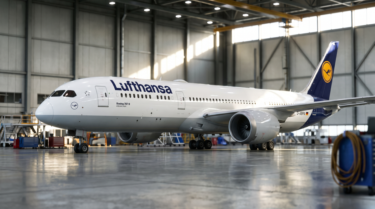 Lufthansa Boeing 787-9 Dreamliner in a maintenance hangar, three-quarter view