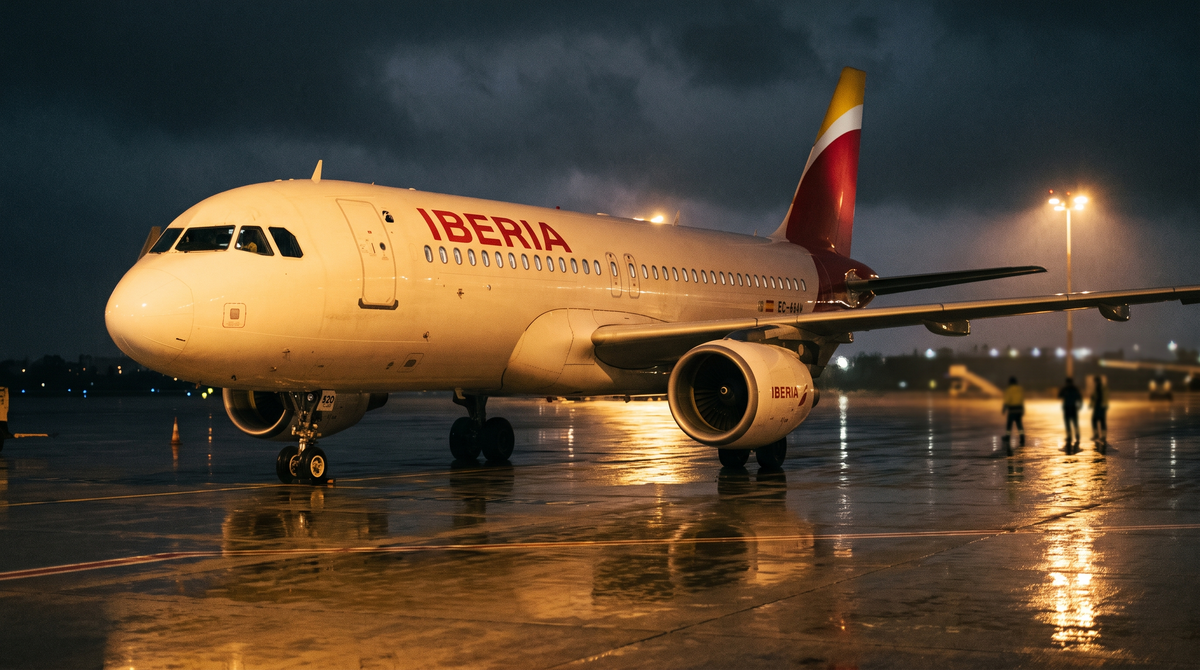 Iberia Airbus A320 parked on a wet apron at night