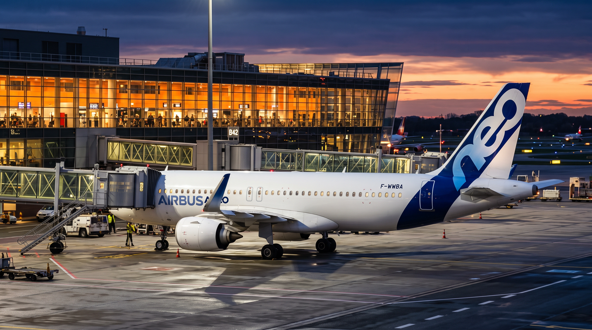 Airbus A320neo in Airbus house livery at an airport gate at dusk