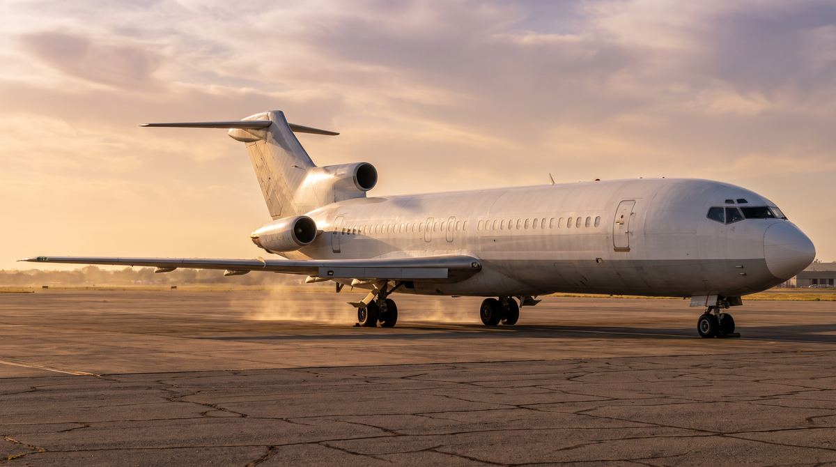 Classic Boeing 727 tri-jet airliner with three rear-mounted engines and T-tail on a sunlit airport apron at golden hour